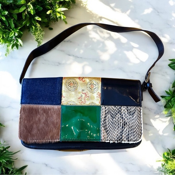 Vintage 90s HYPE Patchwork Shoulder Bag Genuine Leather Calf Hair Rare Y2K Style - Picture 1 of 11